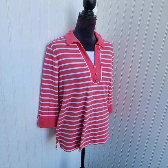 Drappers & Damon's Pullover Knit Top Shirt Women's Coral Pink White Striped Sz L - Picture 2 of 10